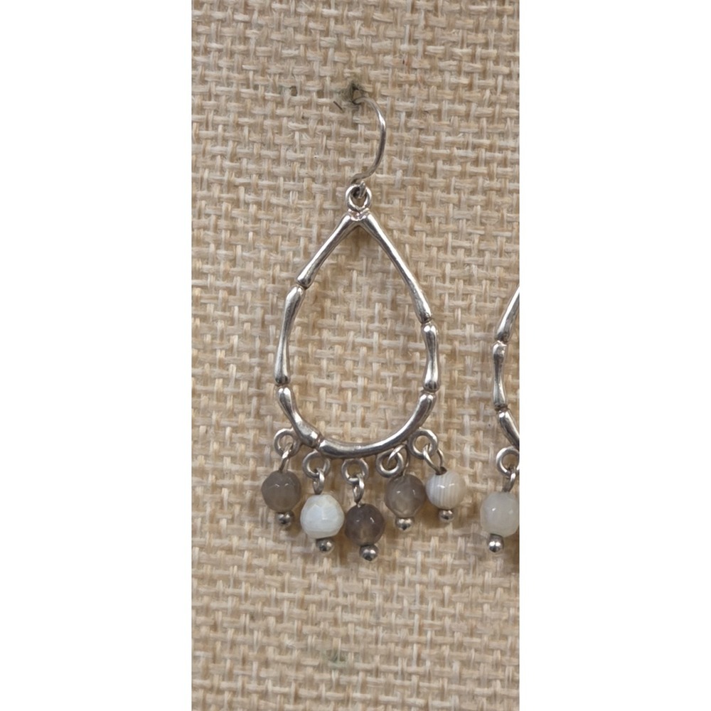 Vintage Sterling Silver & Moonstone Dangle Modernist Oval Earrings - Picture 3 of 5